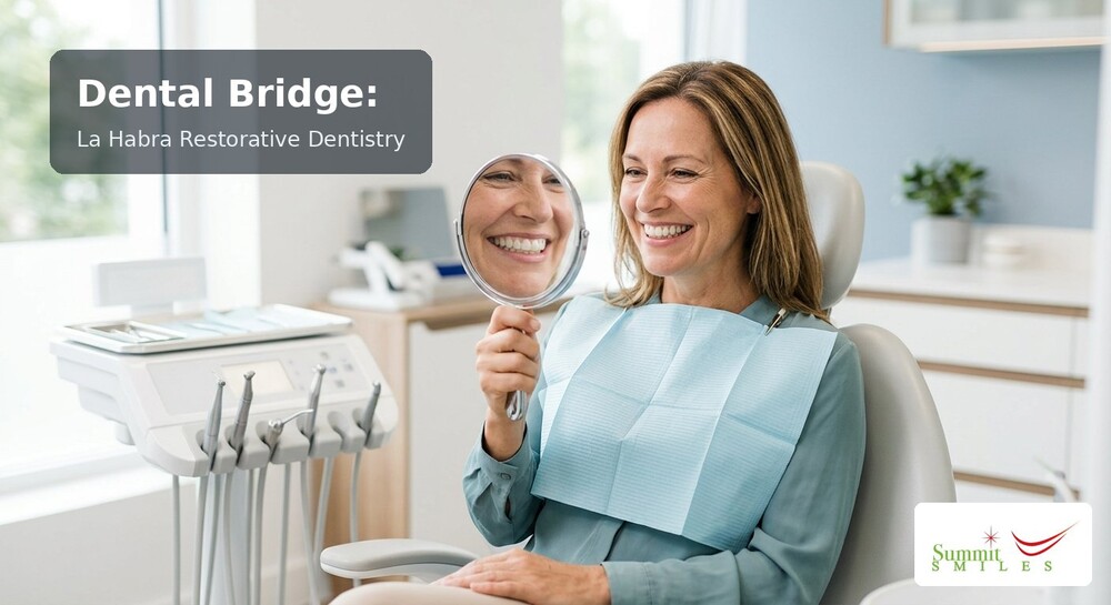 Dentist reviewing a dental bridge model with a patient at Summit Smiles in La Habra, CA
