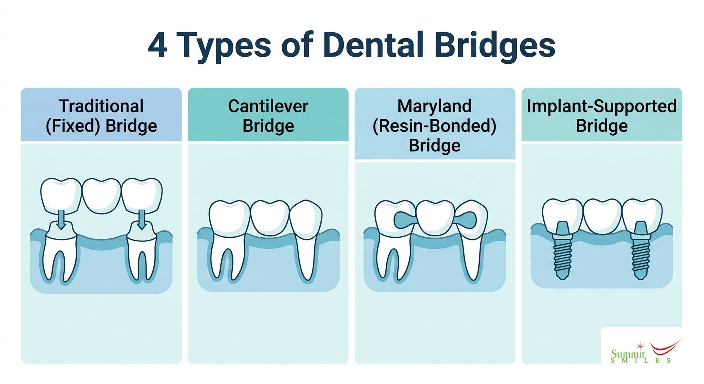 4 Types of Dental Bridges: Traditional, Cantilever, Maryland, and Implant-Supported