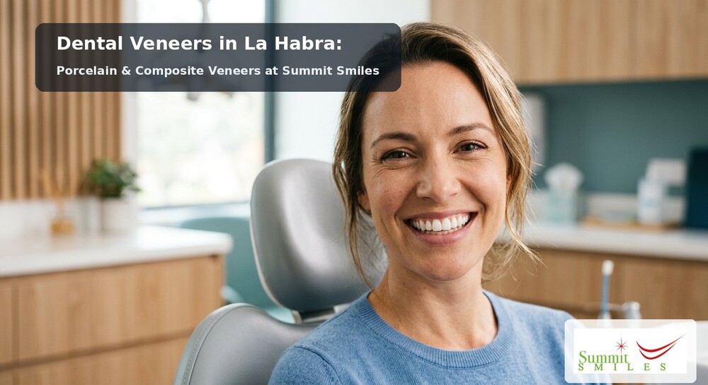 Smiling woman seated in a dental chair at Summit Smiles after a porcelain veneer consultation in La Habra, CA