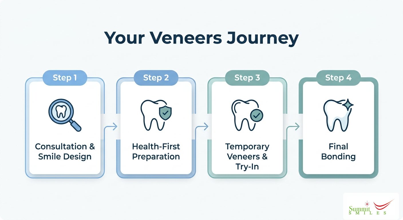 Infographic showing the 4-step veneers journey at Summit Smiles: consultation and smile design, health-first preparation, temporary veneers and try-in, and final bonding